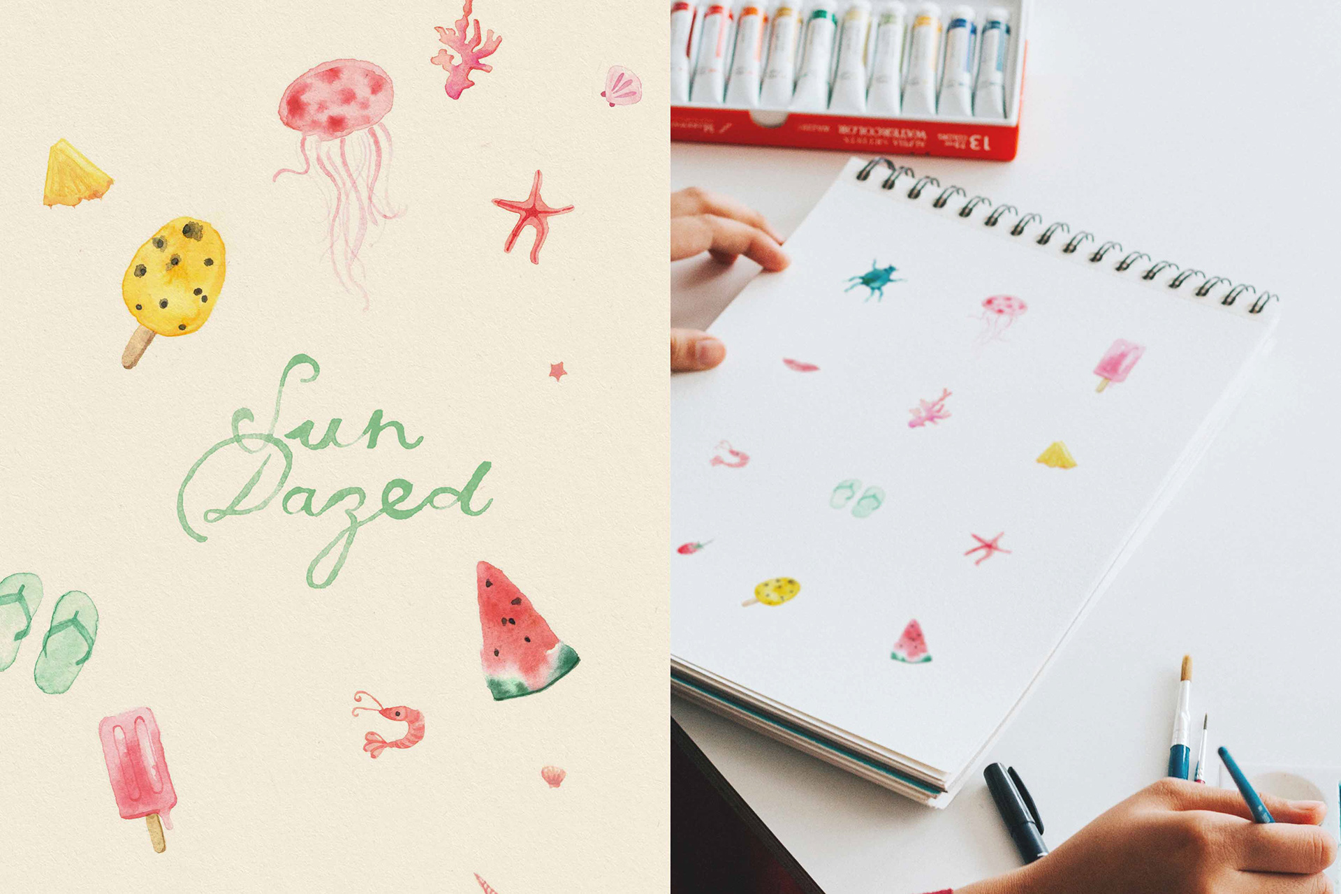 Hand painted watercolour summer design for Sun Dazed candle packaging