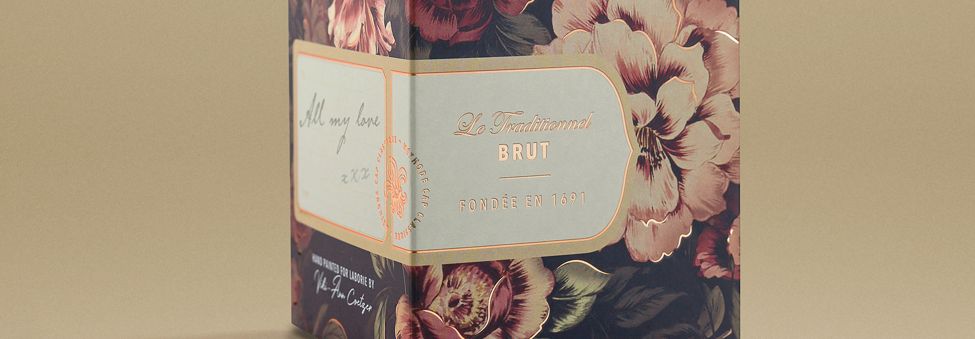 Laborie Brut Cap Classique gift box packaging design with handwritten note on the side