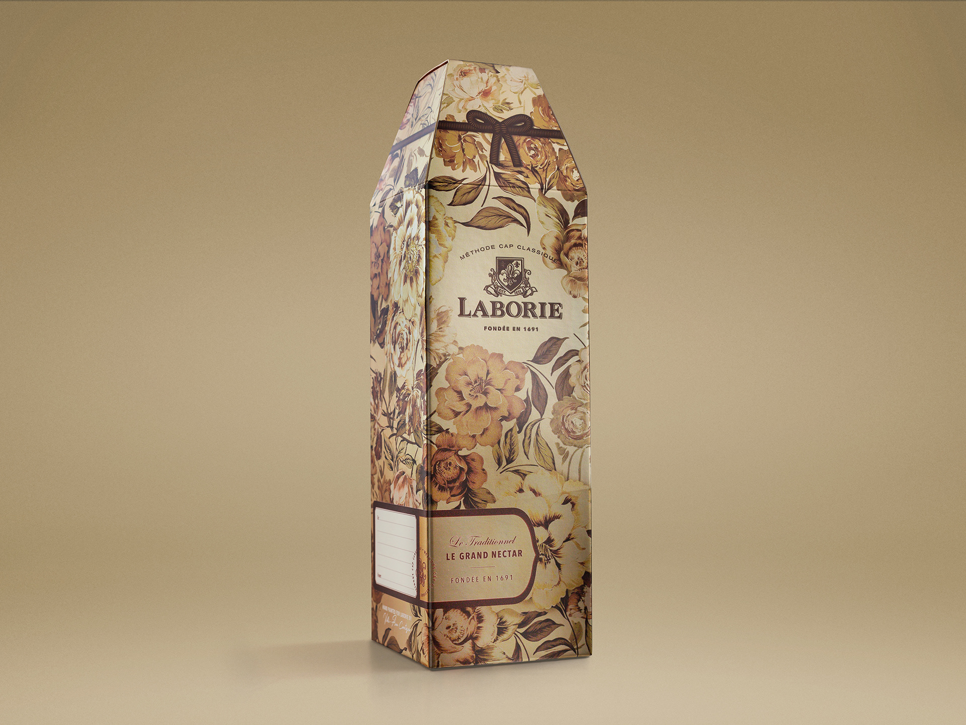 Laborie Le Grand Nectar Cap Classique gift box packaging design with handpainted florals