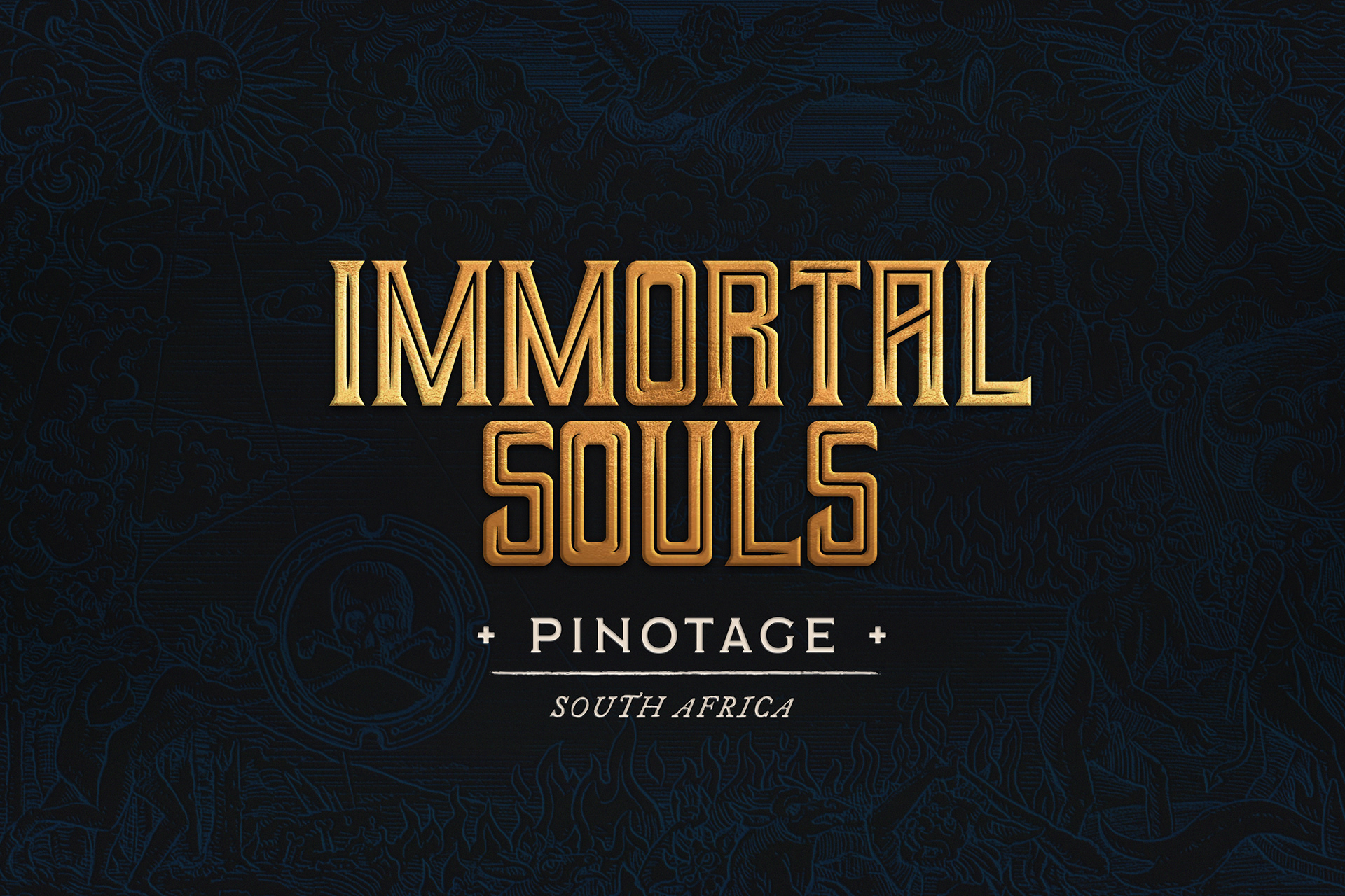 Foiled logo design for Immortal Souls wine on illustrated background