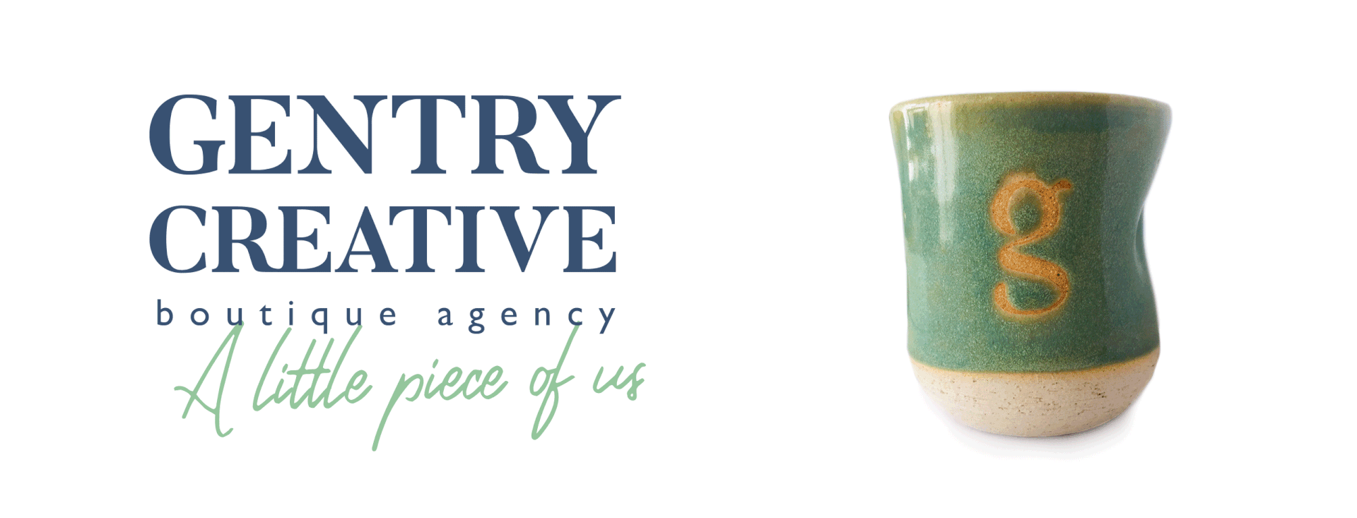 Gentry Creative logo with handmade branded sage colour ceramic cup