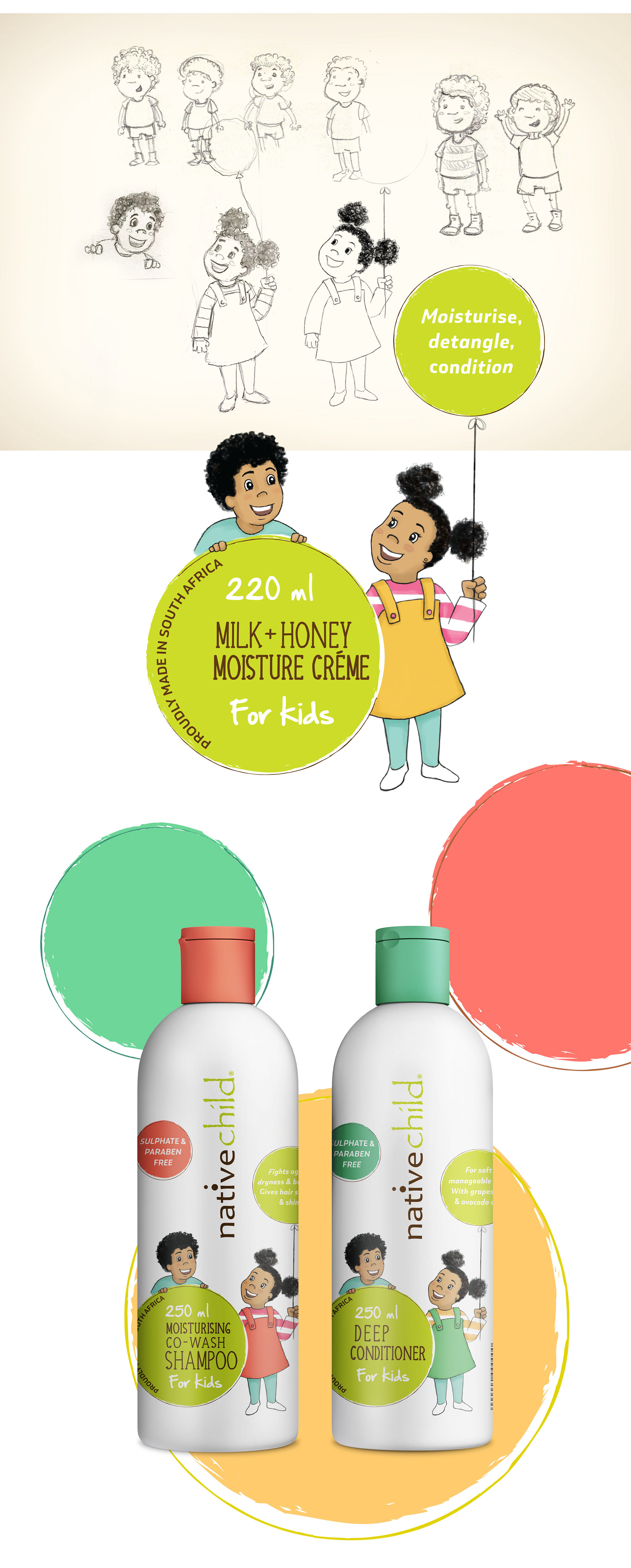Rough sketches and character illustrations for Nativechild kids hairproducts packaging design
