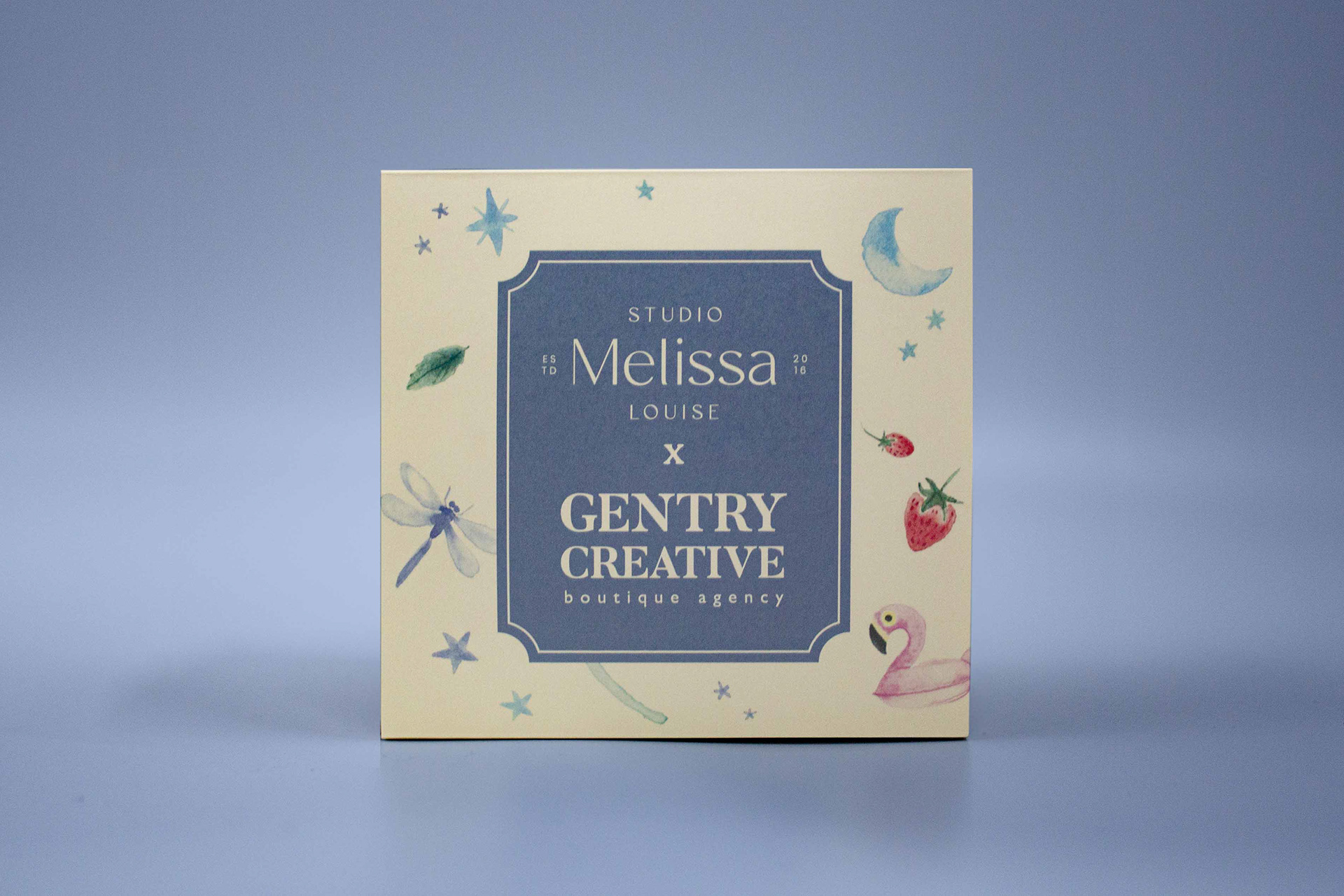 Front view of hand painted watercolour packaging design for Midnight Swimming soy candle