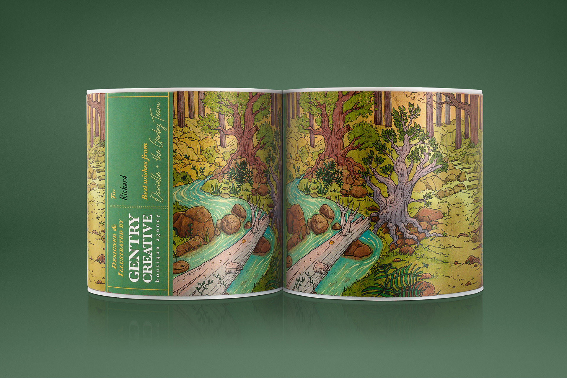 Gentry Creative client gift tube packaging design with forest illustration wrap-around label