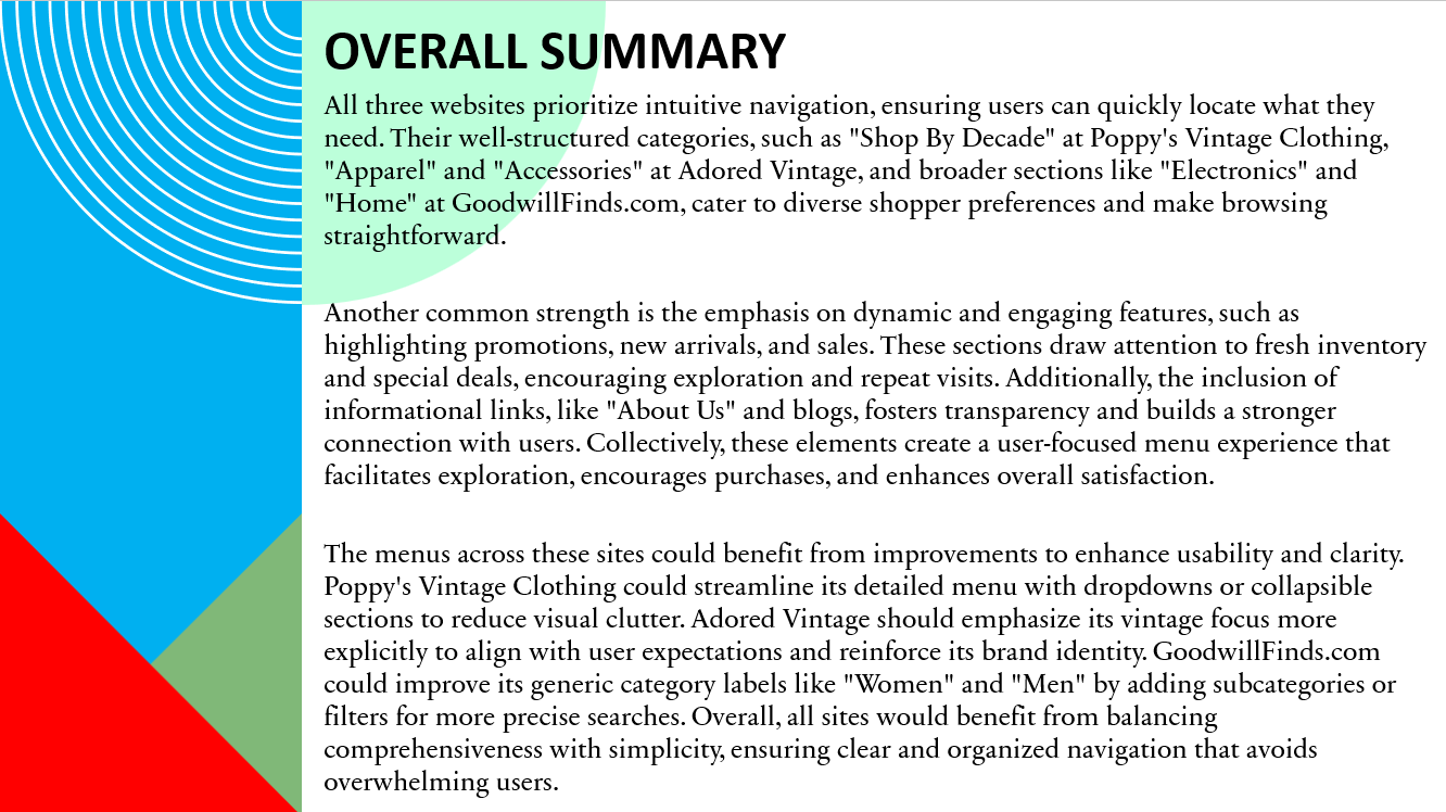 The final overall summary of the findings for the competitive benchmarking presentation.