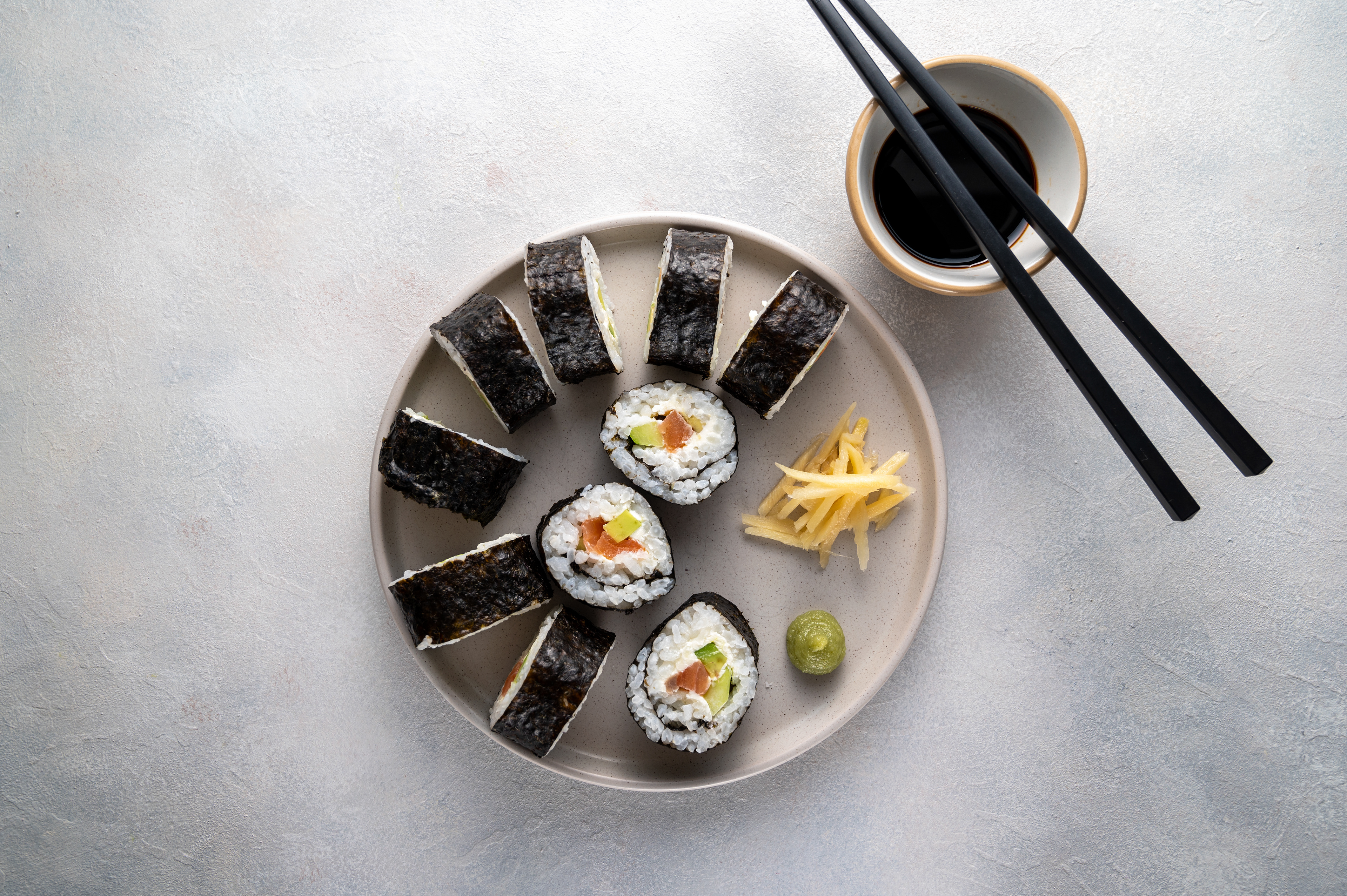 Sushi flatlay food photography by Inga Zaiat