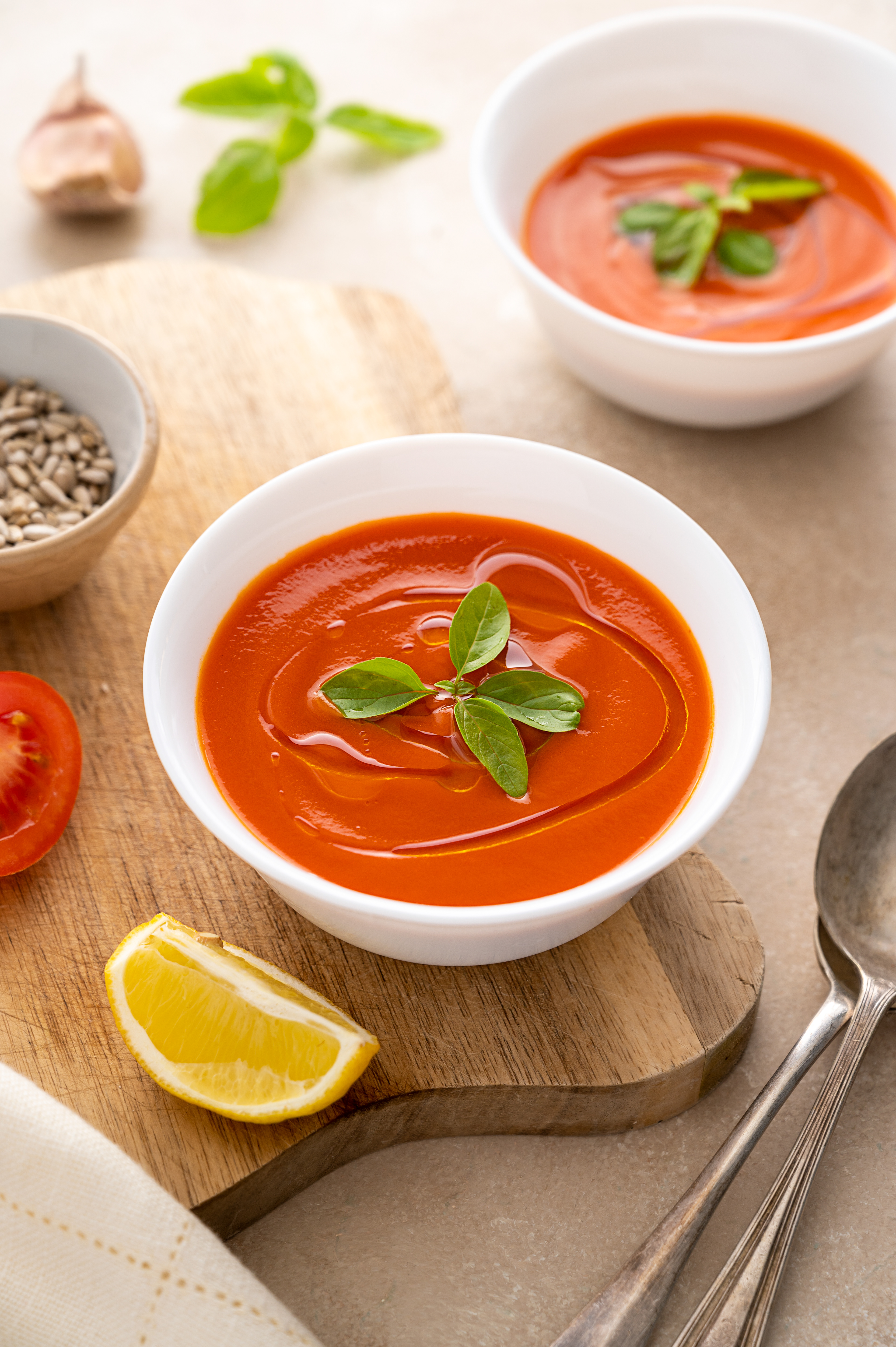 Tomato creamy soup, food photography by Inga Zaiat