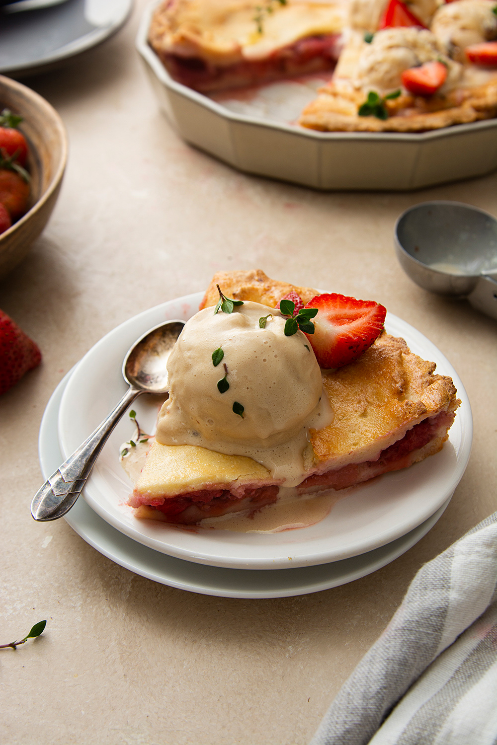 Strawberry pie and ice cream scoop, food photography by Inga Zaiat