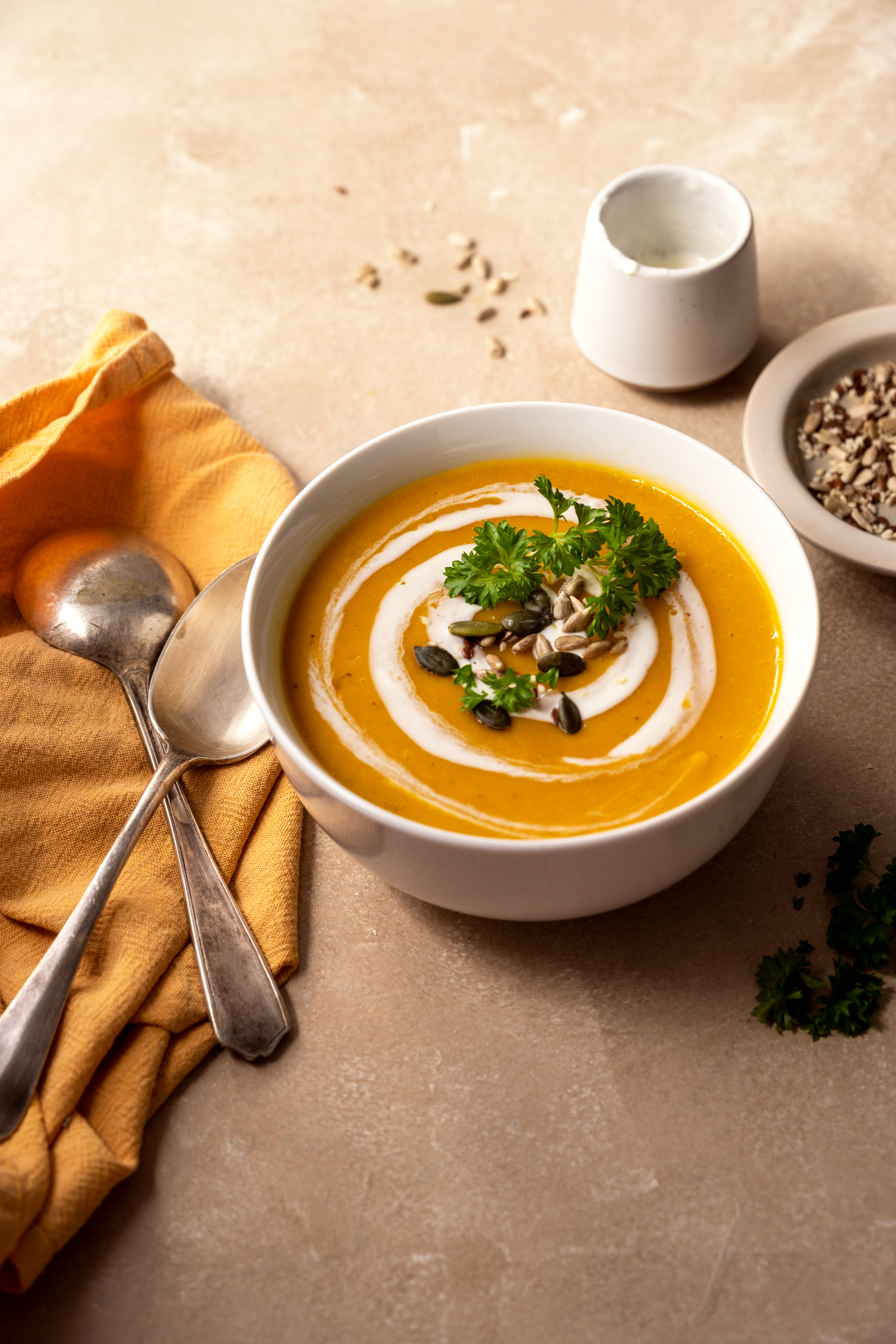 Comfort squash creamy soup, food photography by Inga Zaiat