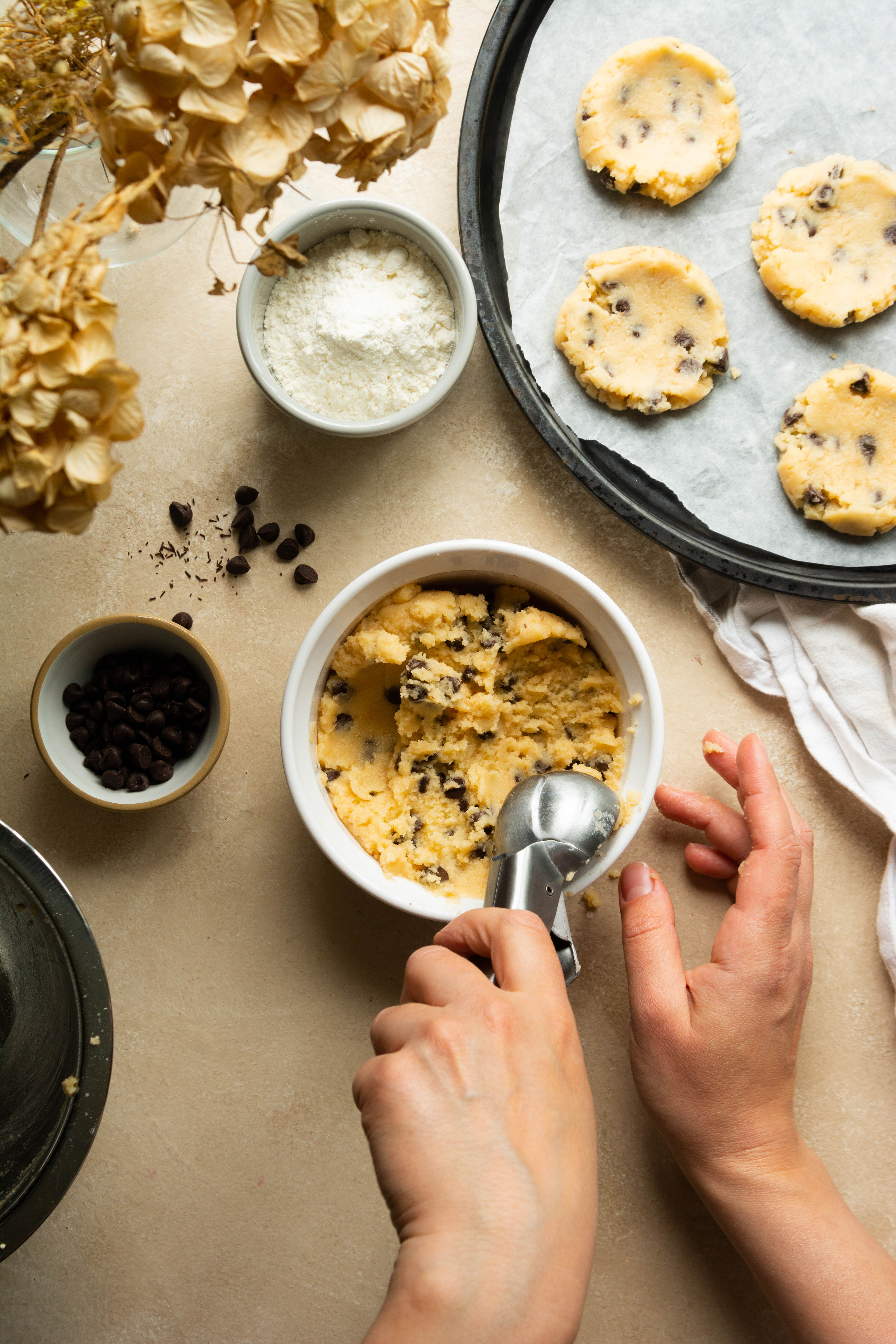 Food photography, cooking process. Chocolate chips cookies