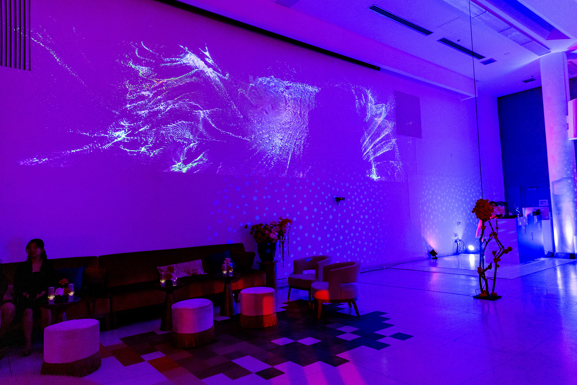 Large-scale presentation of Synaptic Echoes at the OCAD University Gala, where responsive visuals were projected across the auditorium wall. 