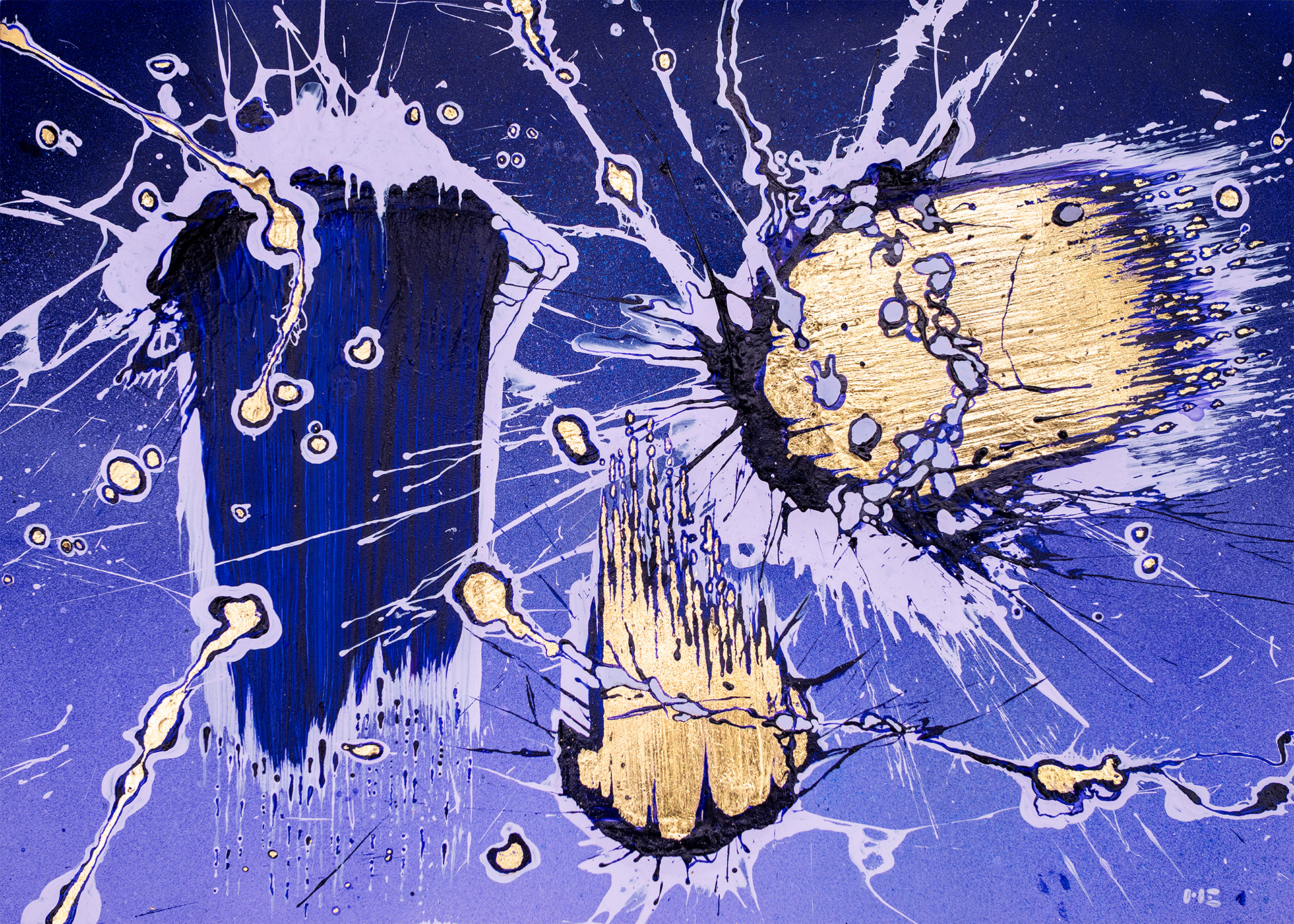'Brushstrokes no.18' - Acrylics, spray and gold metal foil on stone paper. 42x30 cm.