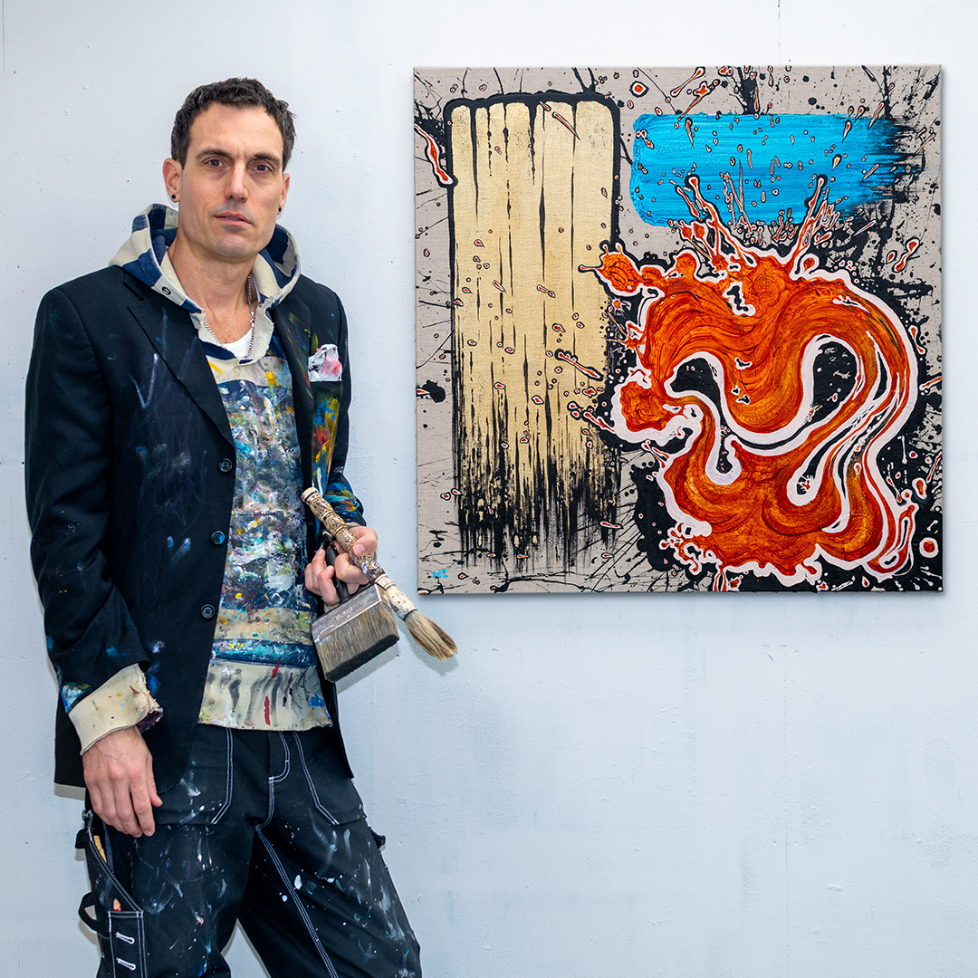 Studio image of 'Brushstrokes no.5' - Acrylics and gold metal foil on canvas. 81x81 cm.