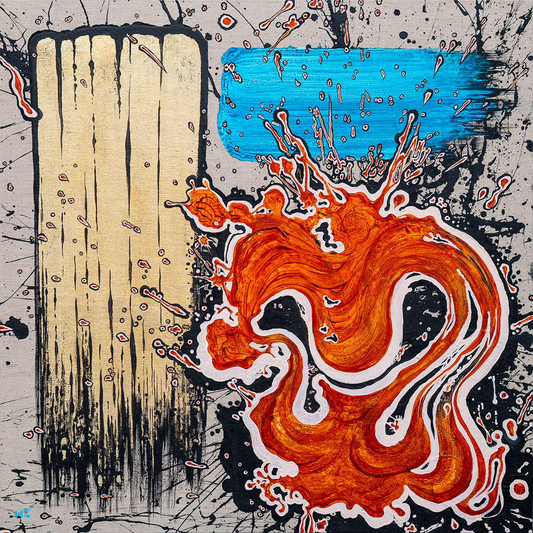 'Brushstrokes no.14' - Acrylics and gold metal foil on canvas. 81x81 cm.