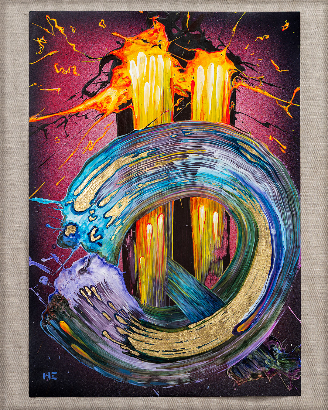 'Brushstrokes no.20' - Acrylics, spray and gold metal foil on stone paper. 30x42 cm.