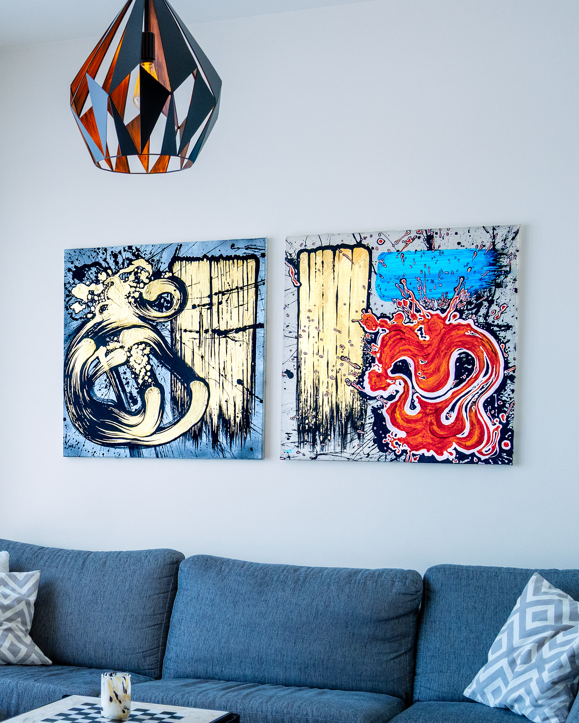 Installation of Brushstrokes no.5 and no.14 - Acrylics and gold metal foil on canvas. Each 81x81 cm.