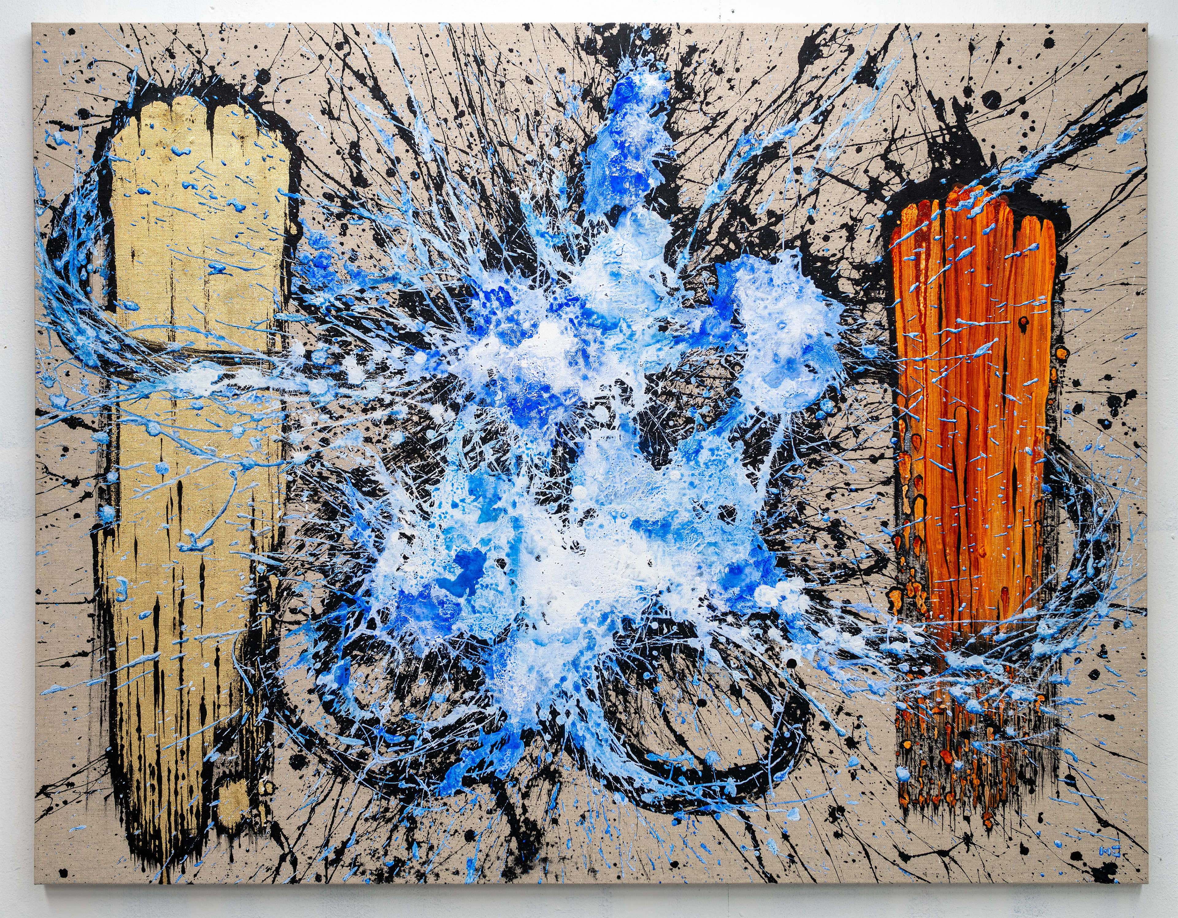 'Brushstrokes no.16' - Acrylics and gold metal foil on canvas. 130 x 100 cm.