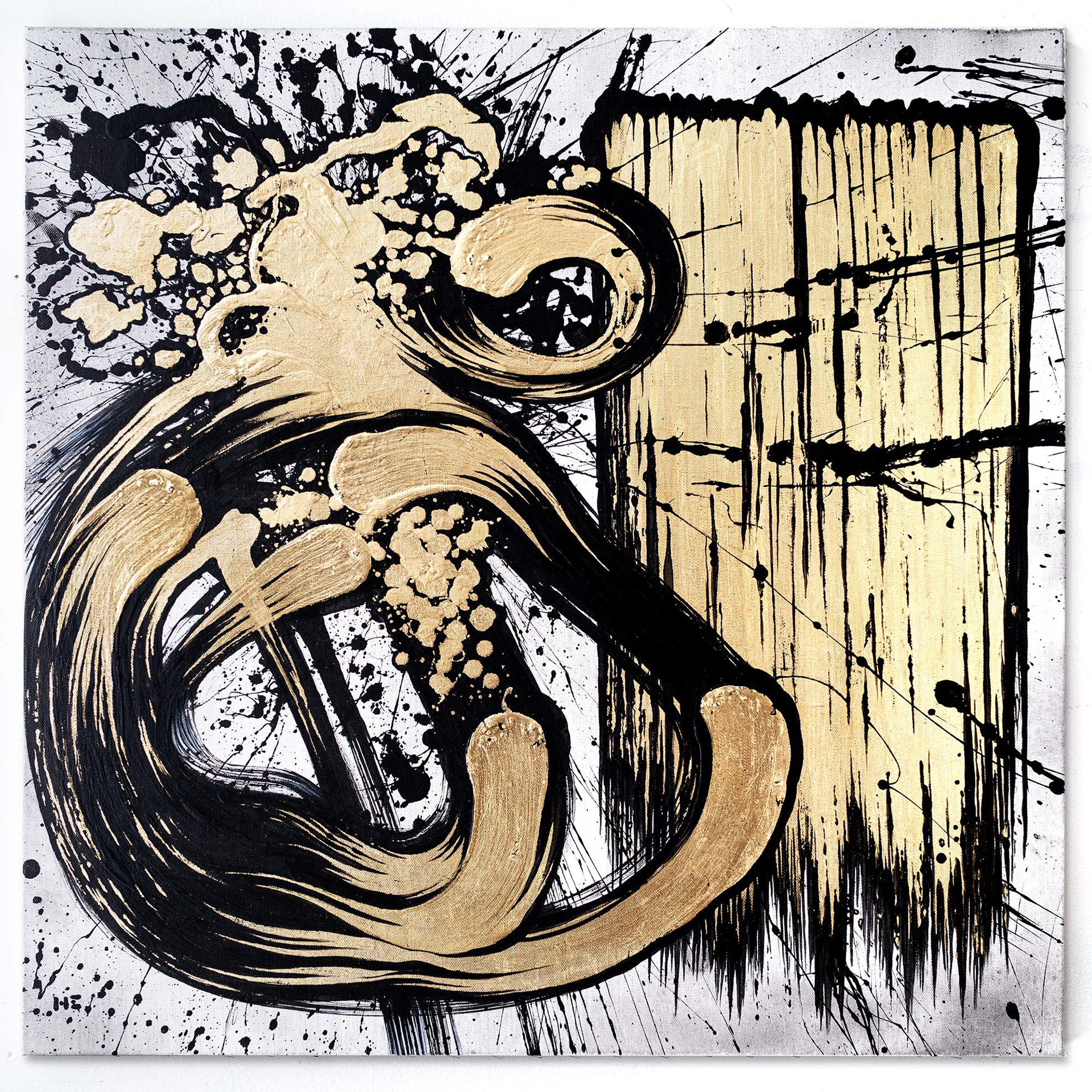 Brushstroke no.5 - Acrylics and gold metal foil on canvas. 81x81 cm.