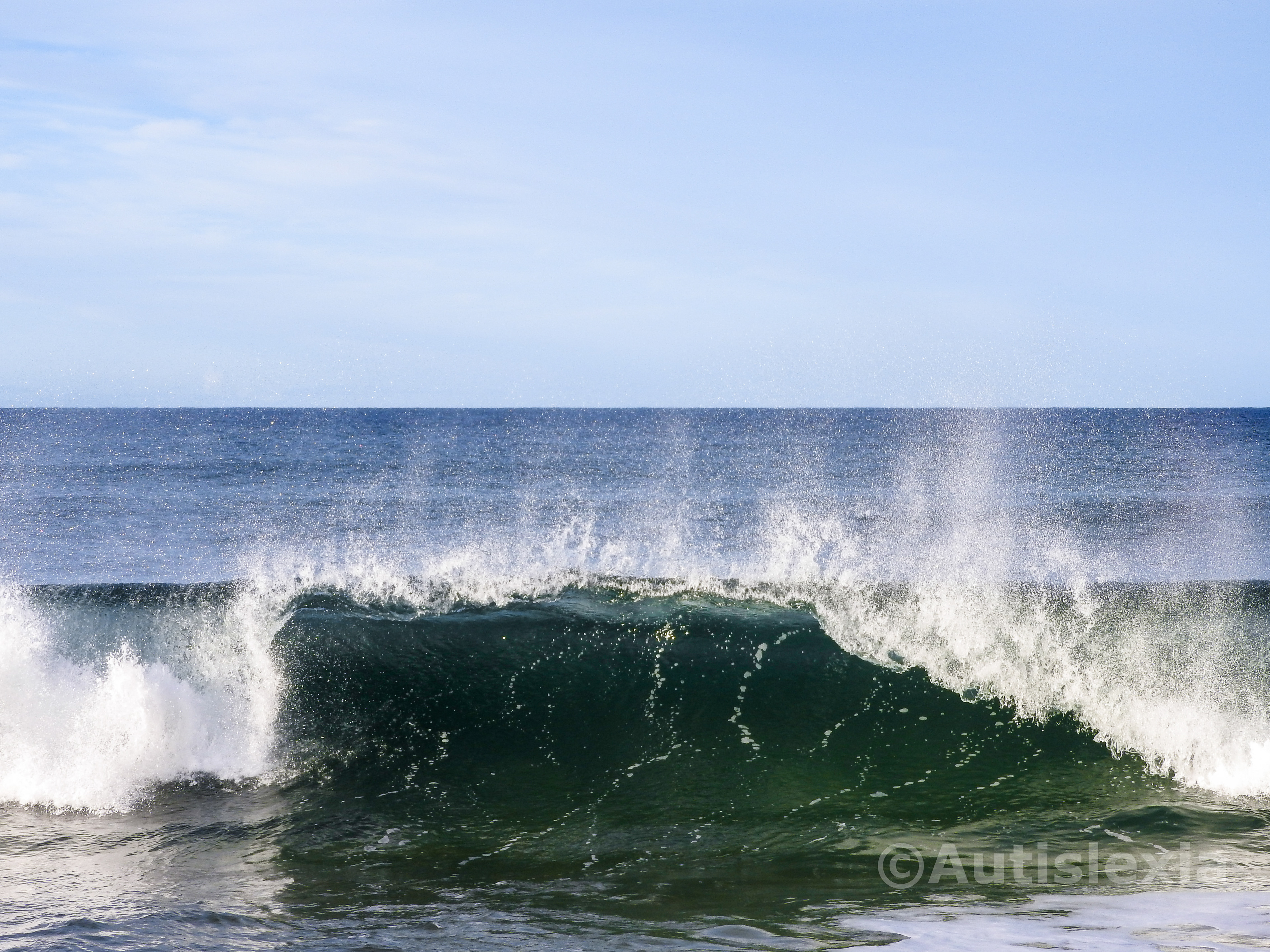 Image of a sea wave breaking , with white foam appearing at the top and sides of the wavw, with a wind blowing the foam up as well.