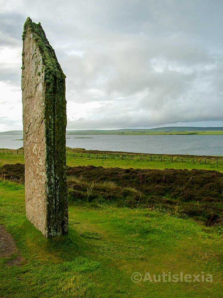 Standing stone in the Orkney Islands, one large prominent side and back on view, on grass with low heather away from the stone and a bay behind, with grey cloud cover