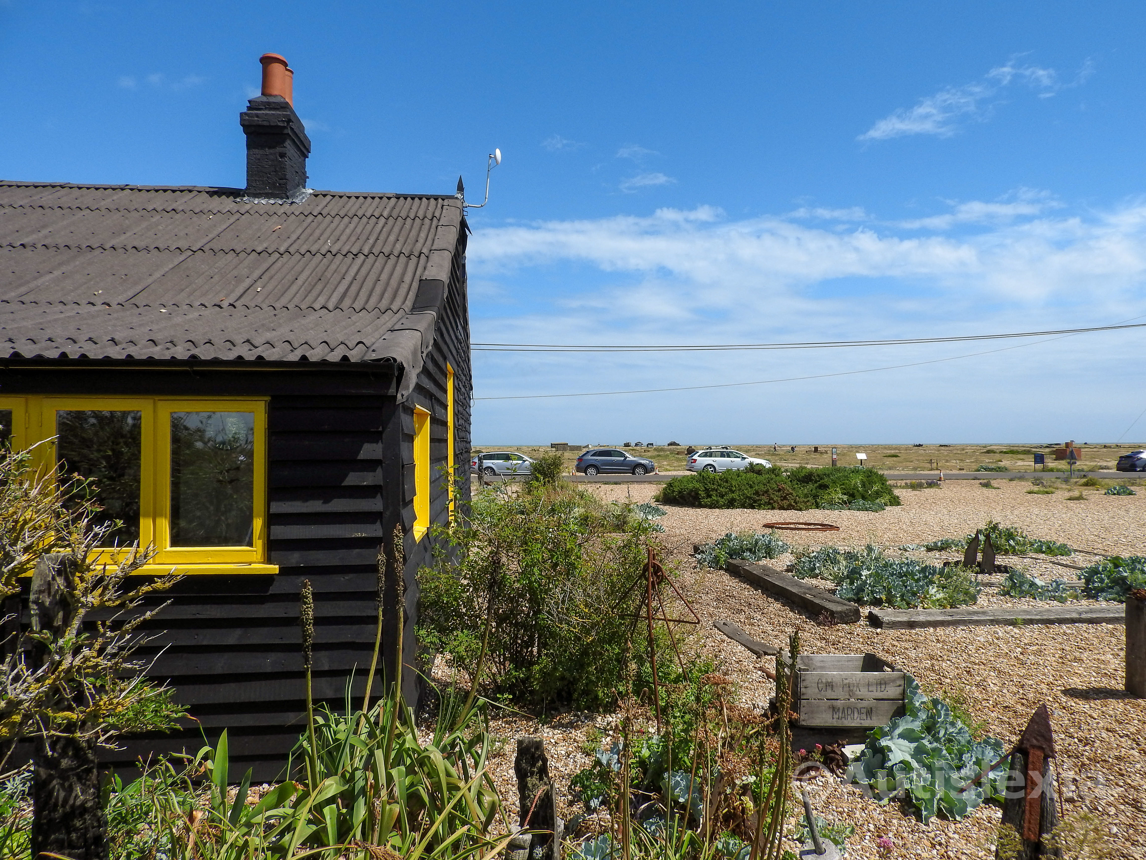 Image of back and side of Prospect Cottage; showing some garden plants and landscaping.