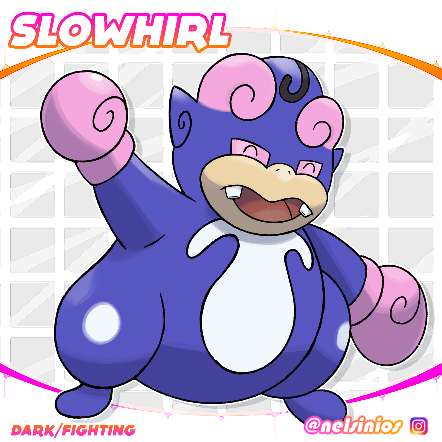 Tendonese Slowpoke evolves into Slowhirl when it attacks a Poliwhirl, stealing its gloves and its pattern forming onto its head.