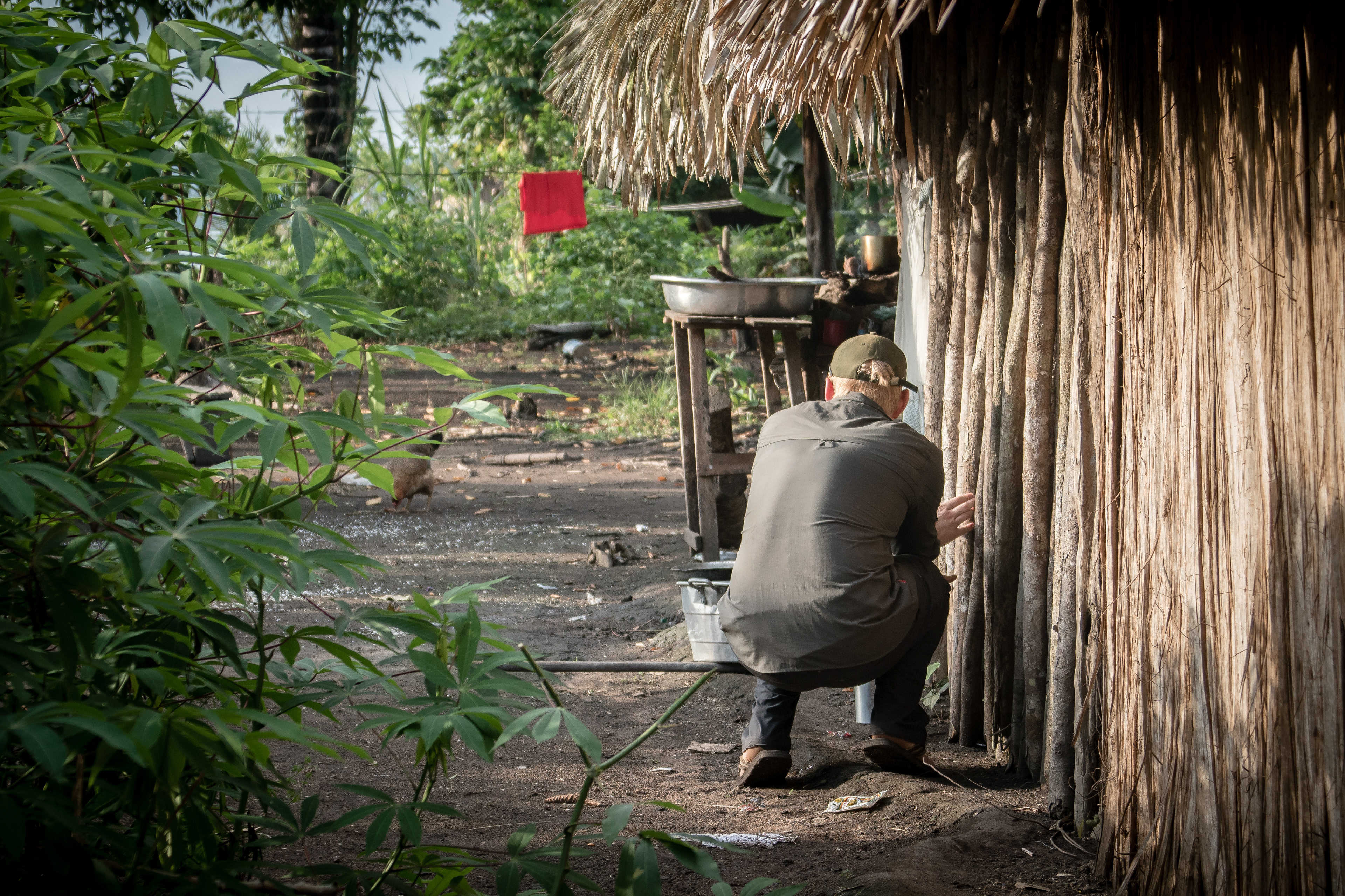 VR Director James Manisty hiding from the 360 camear during filming in the Amazon