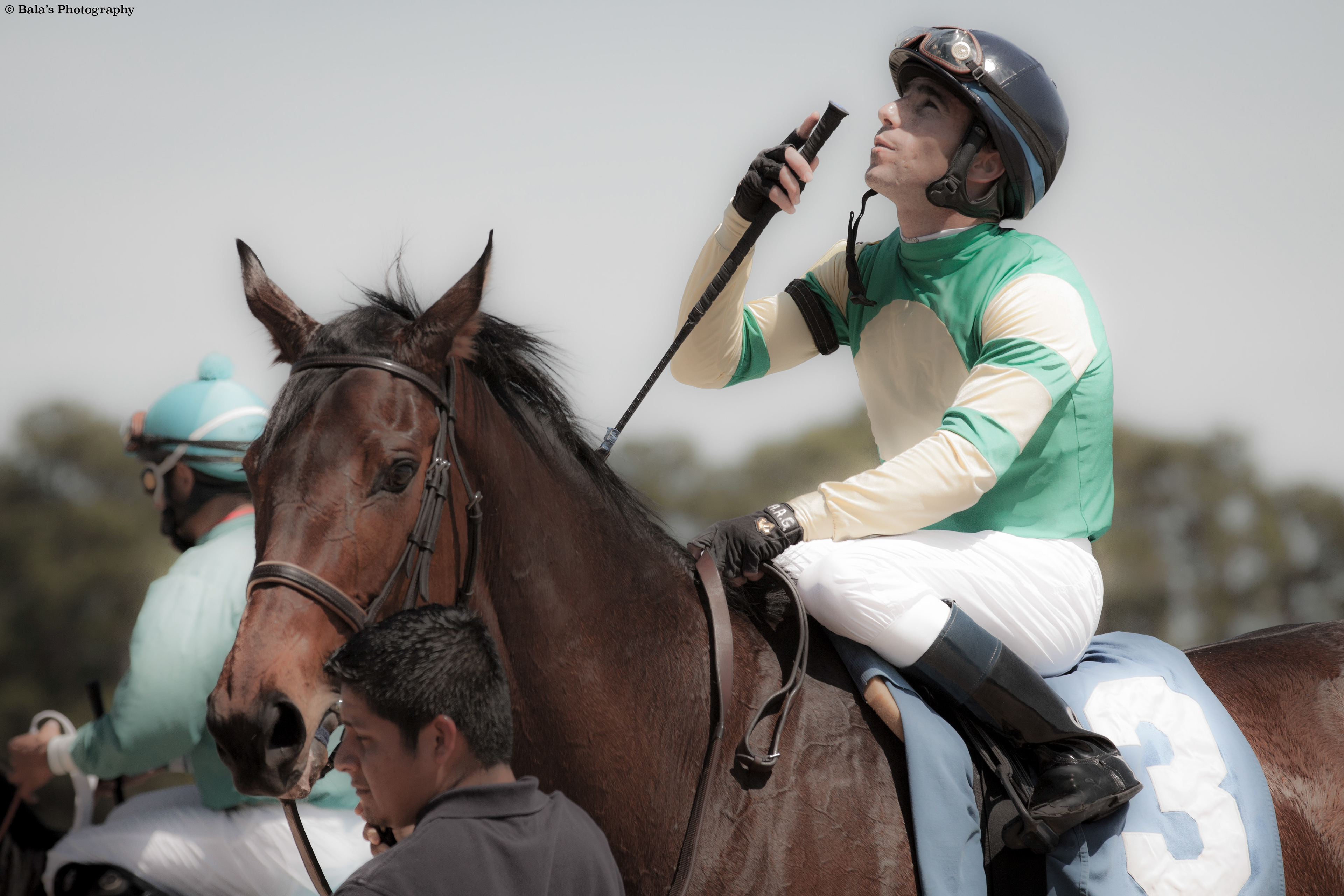 Victorious Reverie: A Jockey's Gratitude Echoes in the Aftermath of the Race, Gazing Skyward and Expressing Thanks for the Thrilling Triumph