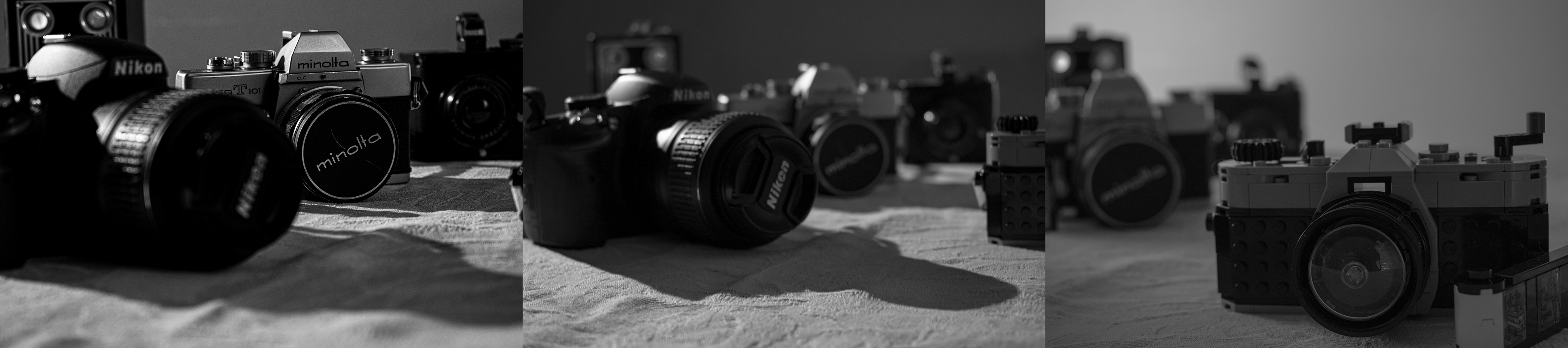 A triptych of an older Minolta, Nikon of today, and a Lego Camera