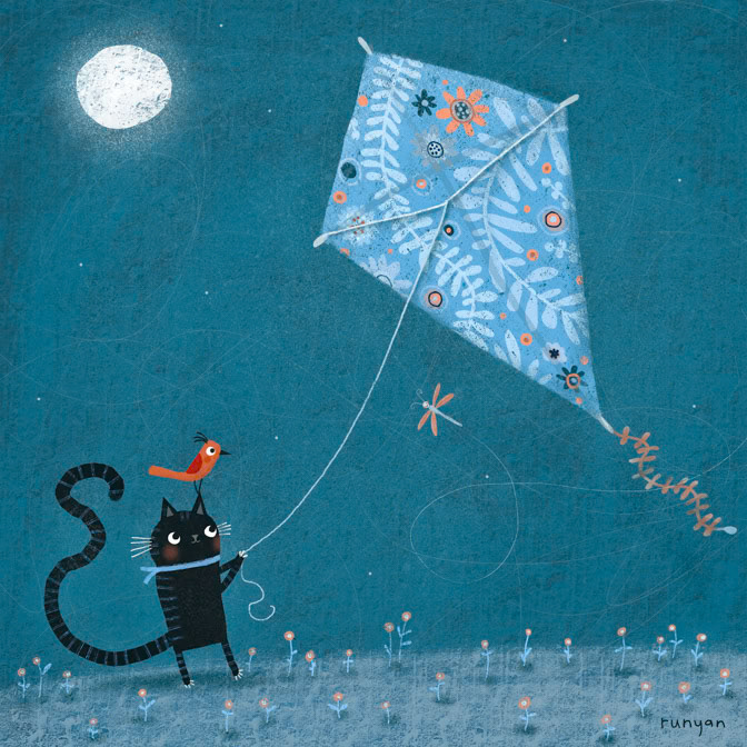 NIGHT KITE 15x15. _Bird- Cats- kite _  Creatif