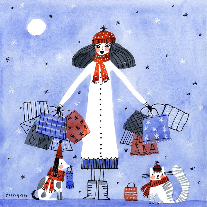 SHOPPING 14x14 _Cat Dog- Girl- shopping _  Creatif