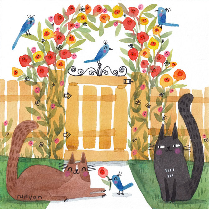 AT THE GATE _Bird- Cat- fence- Floral _  Creatif