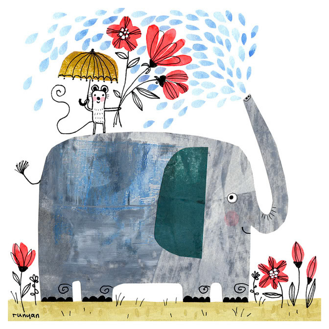 JUMBO WATERING CAN 20x20 - Terry Runyan - Creatif _Animals- Calendar Club Card- Elephants- Larkwood Card _  Creatif ©Terry Runyan - Creatif License