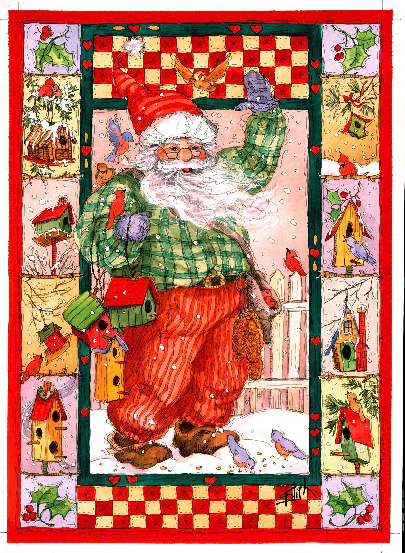 CH409 pen ink santa birdhouse