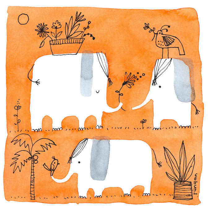 ELEPHANTS ON ORANGE - Terry Runyan - Creatif _Animals- Elephants _  Creatif ©Terry Runyan - Creatif License