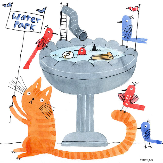 WATERPARK - Terry Runyan - Creatif _Birdbath- Birds- Cat _  Creatif