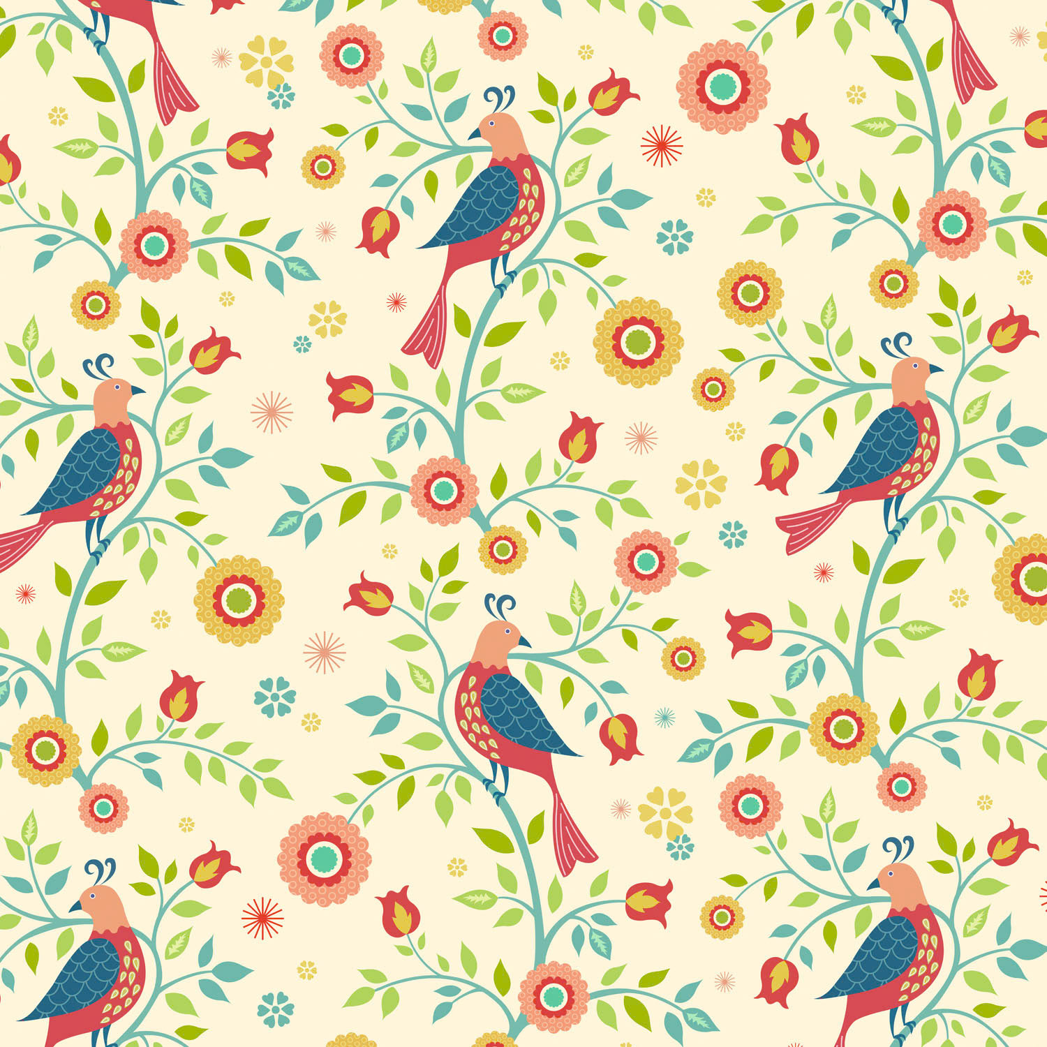 SH_Bird_925-DeepMultiBirdsOnAFloralVineRepeatedDeeptPaletteCropped ©Steve Haskamp - Creatif License