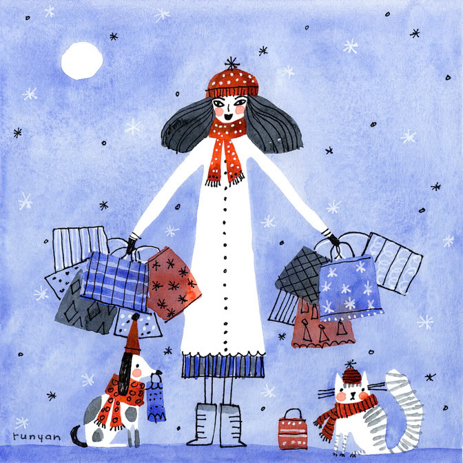SHOPPING 14x14 _Cat Dog- Girl- shopping _  Creatif ©Terry Runyan - Creatif License