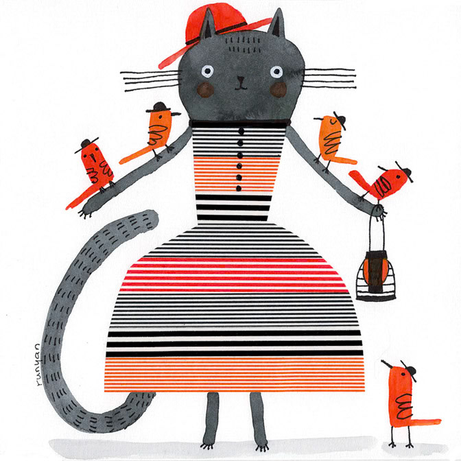 STRIPPED DRESS 2 - Terry Runyan - Creatif _Birds- Cat- Robins _  Creatif