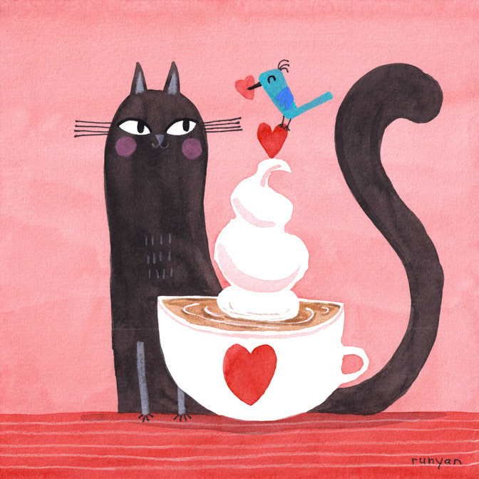 LATTE LOVERS 15x15. _Bird- Cats- coffee- Love _  Creatif ©Terry Runyan - Creatif License