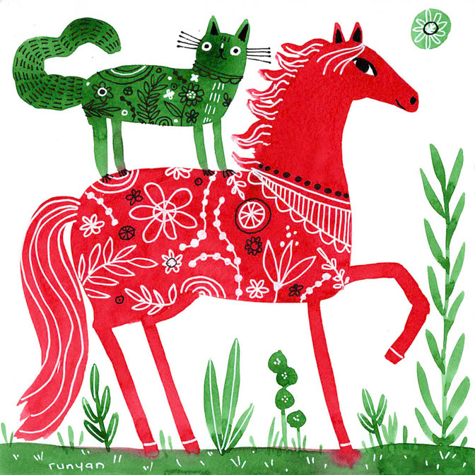Green &amp; Red Ride _Animals- Cat- Horses _  Creatif