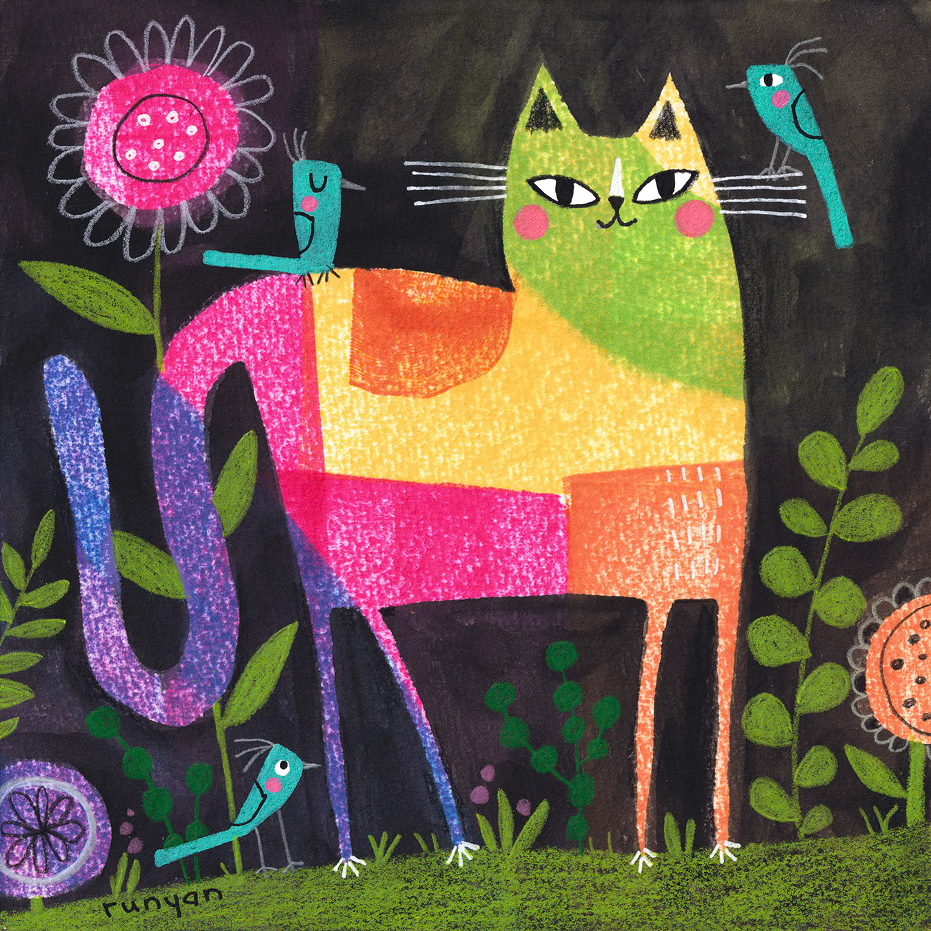 BIRDS ON COLORFUL CAT ©Terry Runyan - Creatif License