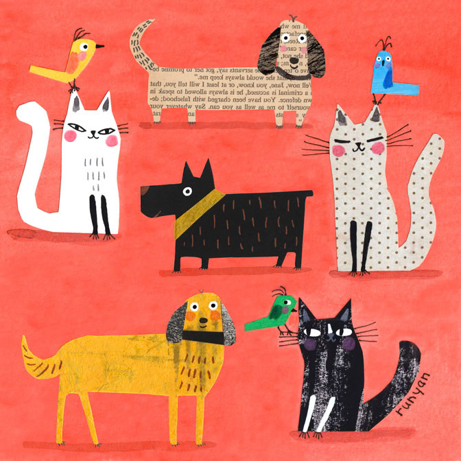 BIRDS &amp; CATS &amp; DOGS ON RED 13x13 _Birds- Cat Dog _  Creatif