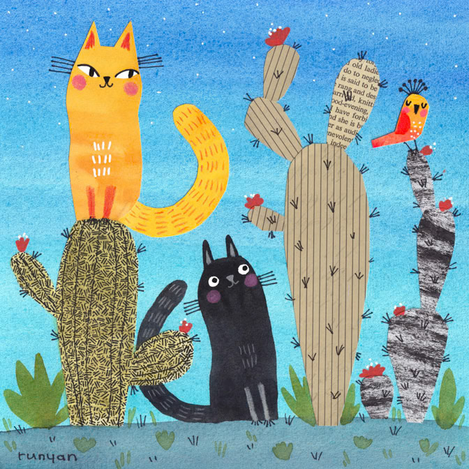 CACTUS NIGHT _Bird- cactus- Cat _  Creatif