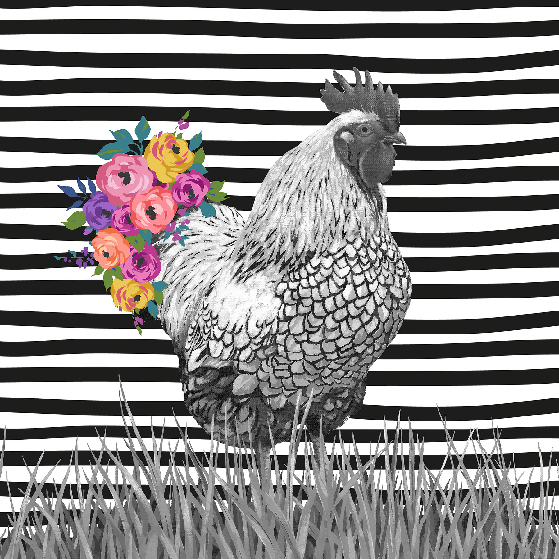 SH_Bird_1885b_Rooster BW with colorful flowers_Creatif ©Steve Haskamp - Creatif License