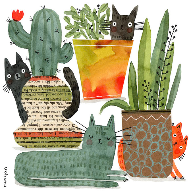CACTUS CATS clean - Terry Runyan - Creatif _Calendar Club Card- Cat- Larkwood Card _  Creatif