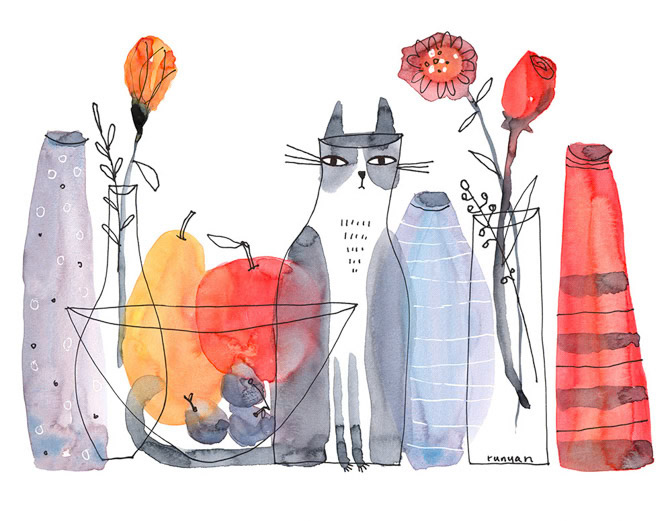 CAT VASE WATERCOLOR - Terry Runyan - Creatif _Cat _  Creatif