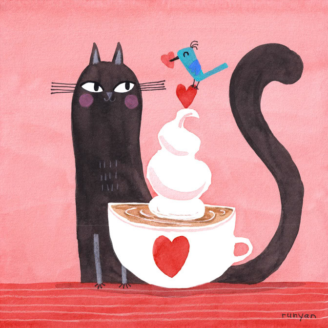 LATTE LOVERS 15x15. _Bird- Cats- coffee- Love _  Creatif