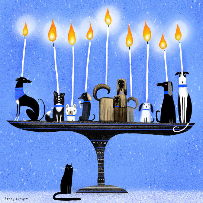 Menorah Pups 15x15 _art needlepoint- Hires _  Creatif ©Terry Runyan - Creatif License