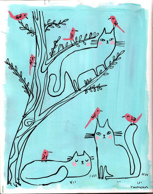 INK CATS ON BLUE _Cat _  Creatif